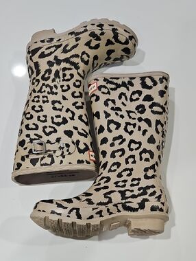 Hunter Leopard Print Beige & Black Women's Rain Boots Size 2/3